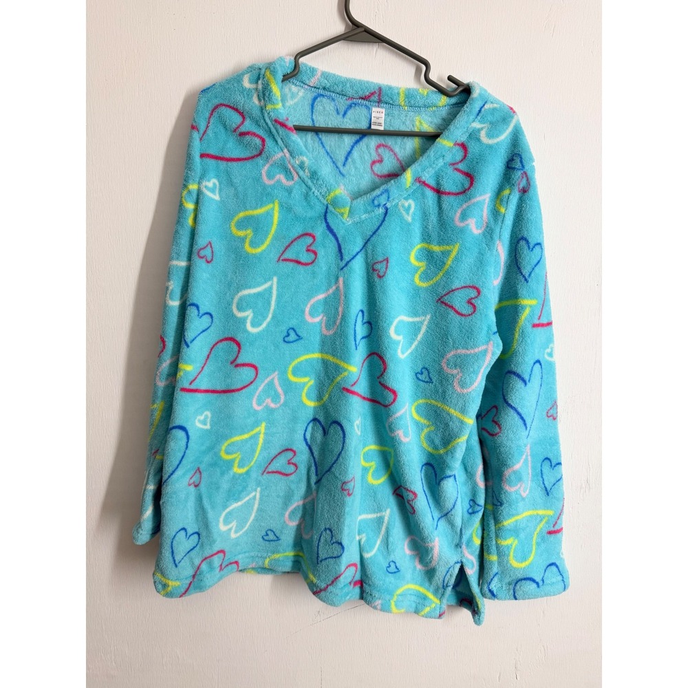 Pink K Heart Print Plush Fleece Pajama Top XL Blue Fuzzy V-Neck Sleep Shirt